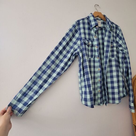 Abercrombie & Fitch Blue Gingham Muscle Button Down Flannel Shirt L - Picture 3 of 9
